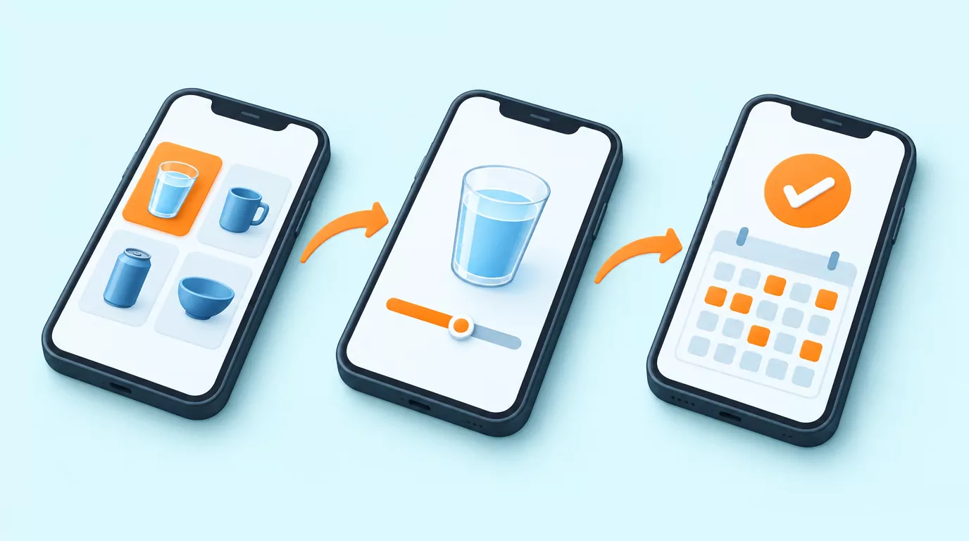 Three step flow on a phone: pick a drink, set the amount, confirm, then a calendar of logged days in a water tracker