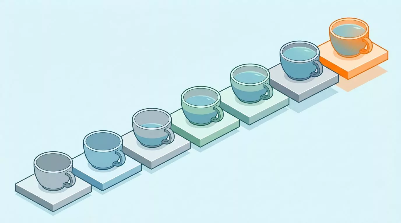 Rising scale of teacups showing caffeine climbing from zero in herbal tea up to matcha