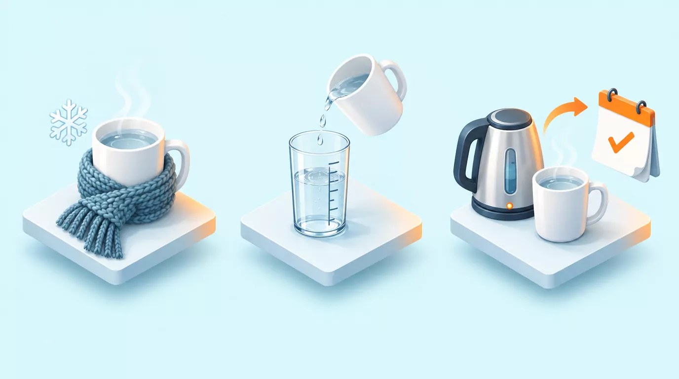 Drinking warm water benefits in three panels: a scarf-wrapped mug, sips filling a gauge, a kettle leading to a ticked day