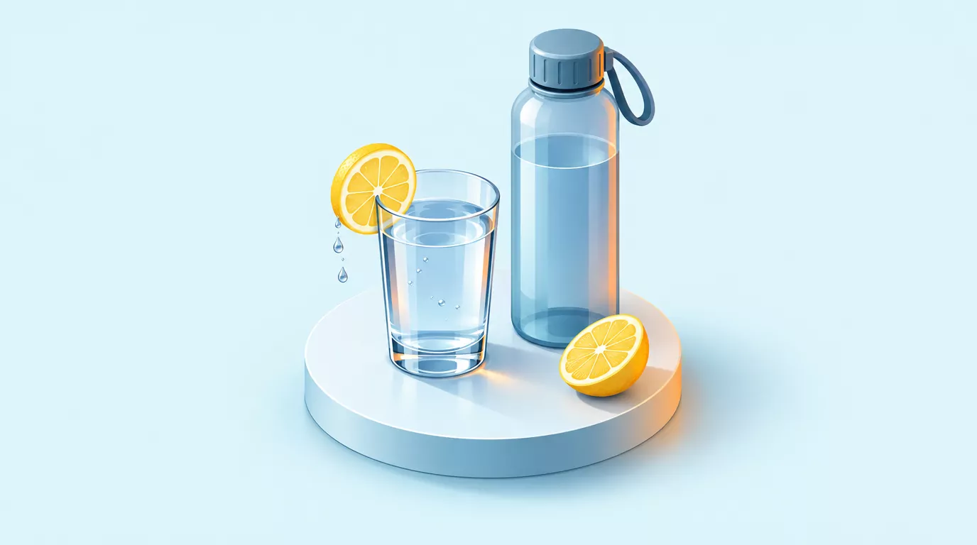 Lemon water benefits start with the water: a glass with a lemon slice beside a reusable bottle