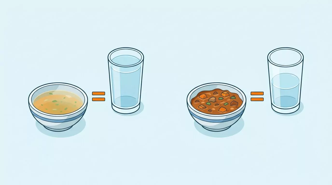 Brothy soup equal to a full glass of water beside chunky stew equal to half a glass, showing how soup counts as fluid intake