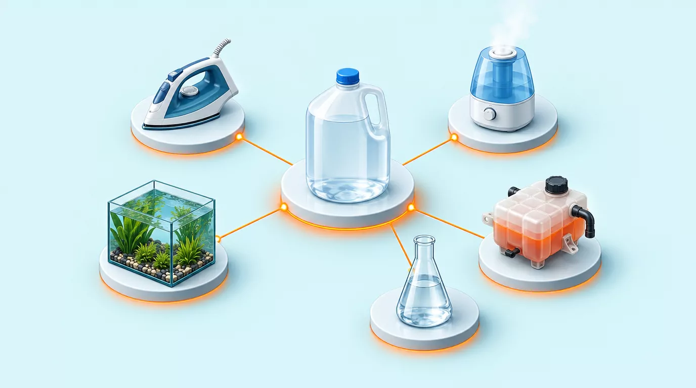 Hub diagram of distilled water uses: one jug linked to a steam iron, humidifier, car coolant tank, aquarium and lab flask