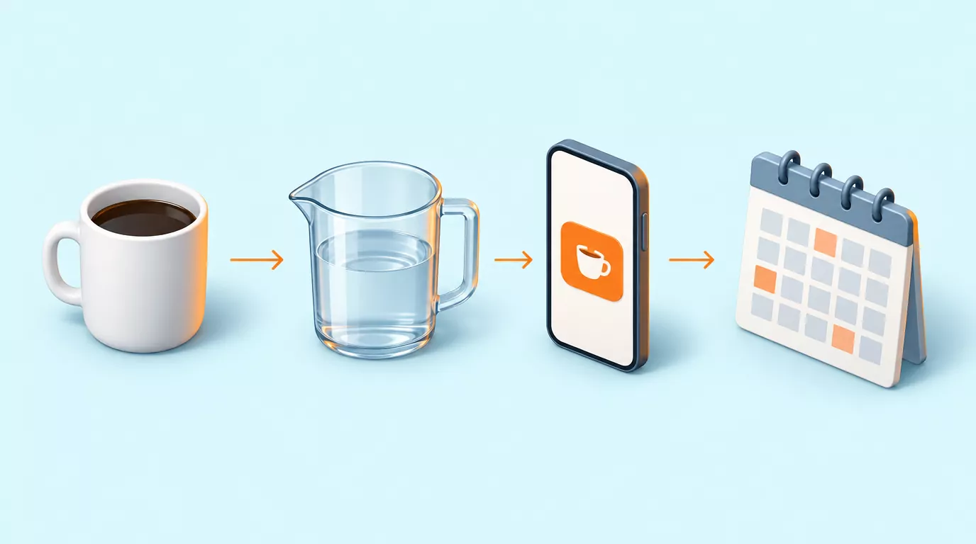 Flow from a coffee mug to a measuring jug, then a phone showing a saved coffee amount, then a calendar of days
