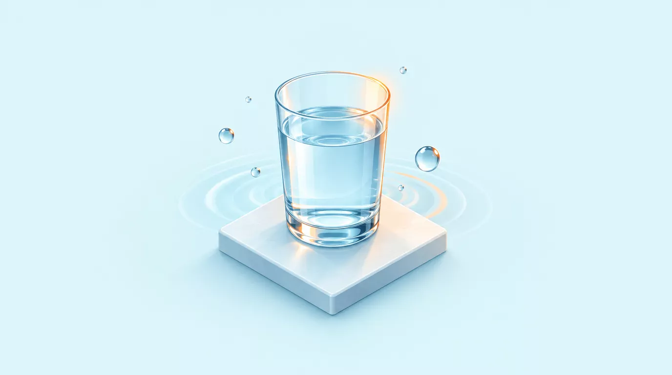 A single glass of water on a clean tile, a calm symbol of simple living with fewer moving parts