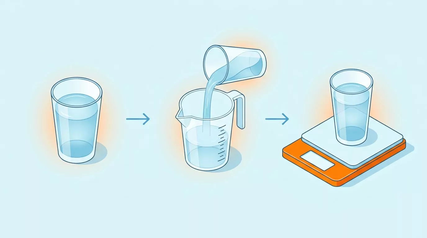 Measuring a glass of water in three stages: fill the glass, pour it into a measuring jug, then weigh it on a kitchen scale