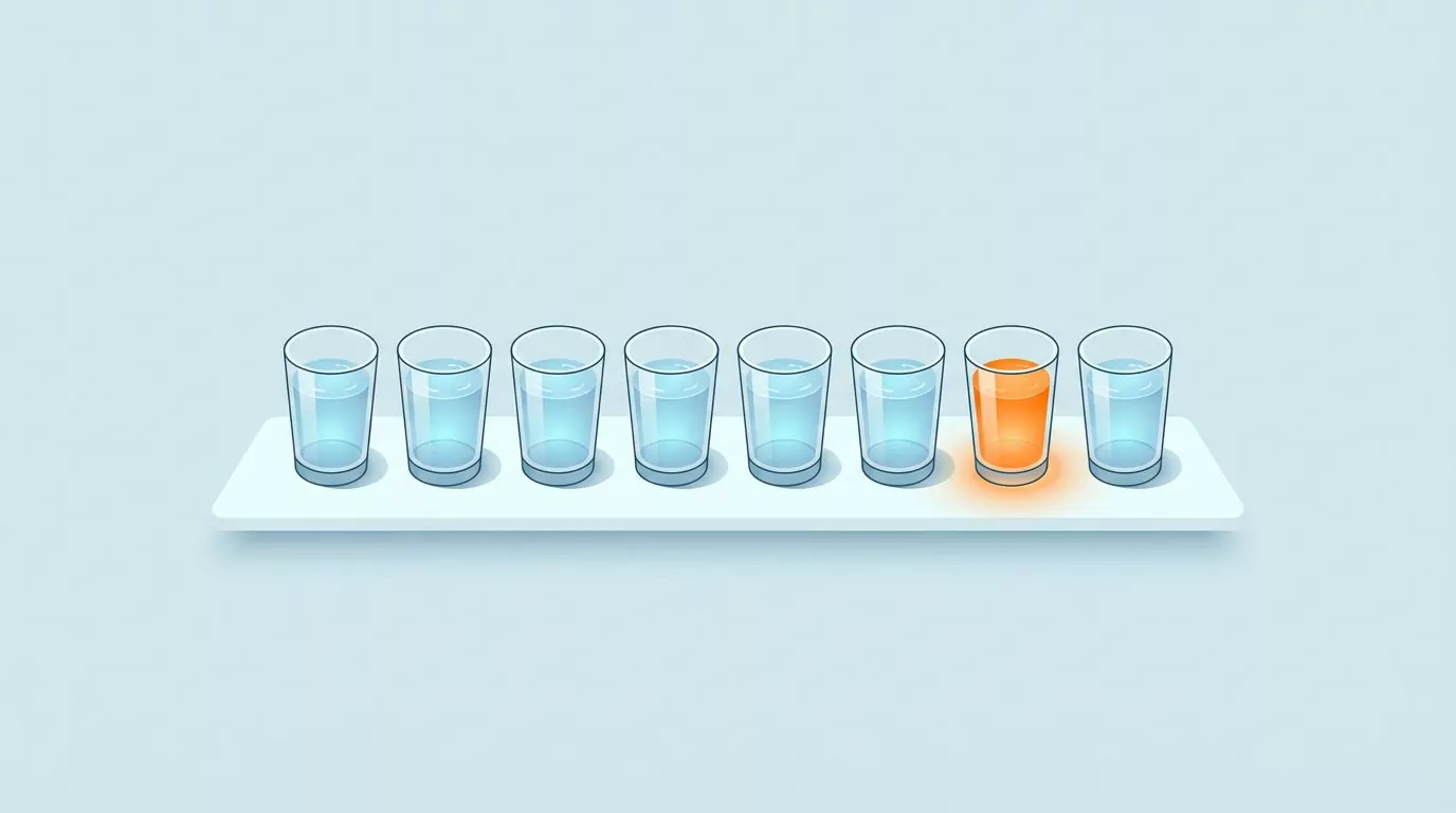 Row of 8 glasses of water a day lined up with one glass lit in warm orange