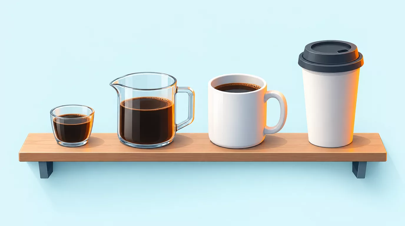 Four coffee cup sizes in a row, growing from a small carafe cup to a measuring cup, a mug and a tall café cup