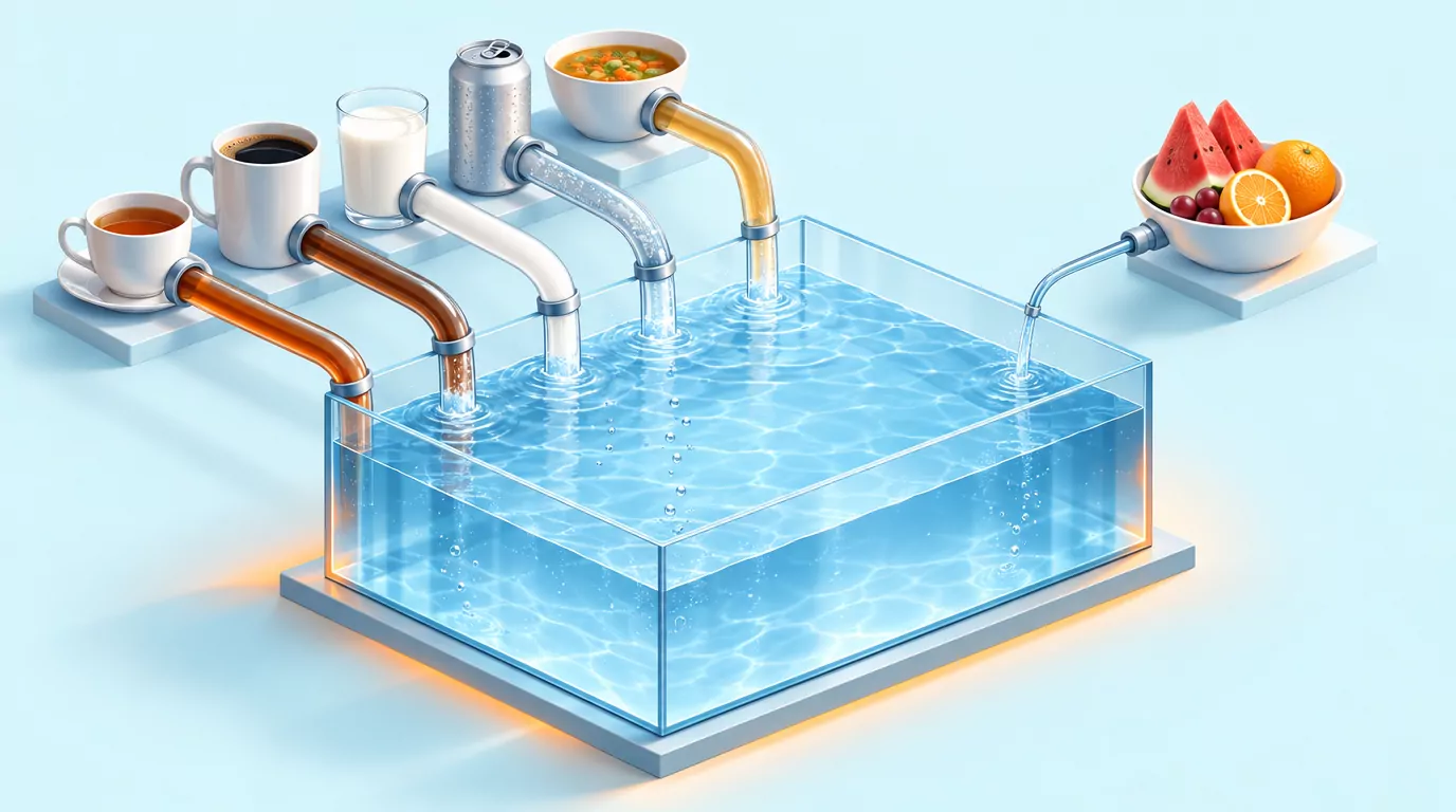 Diagram of five drink pipes and one smaller fruit pipe filling a single tank, showing what counts toward daily fluid intake