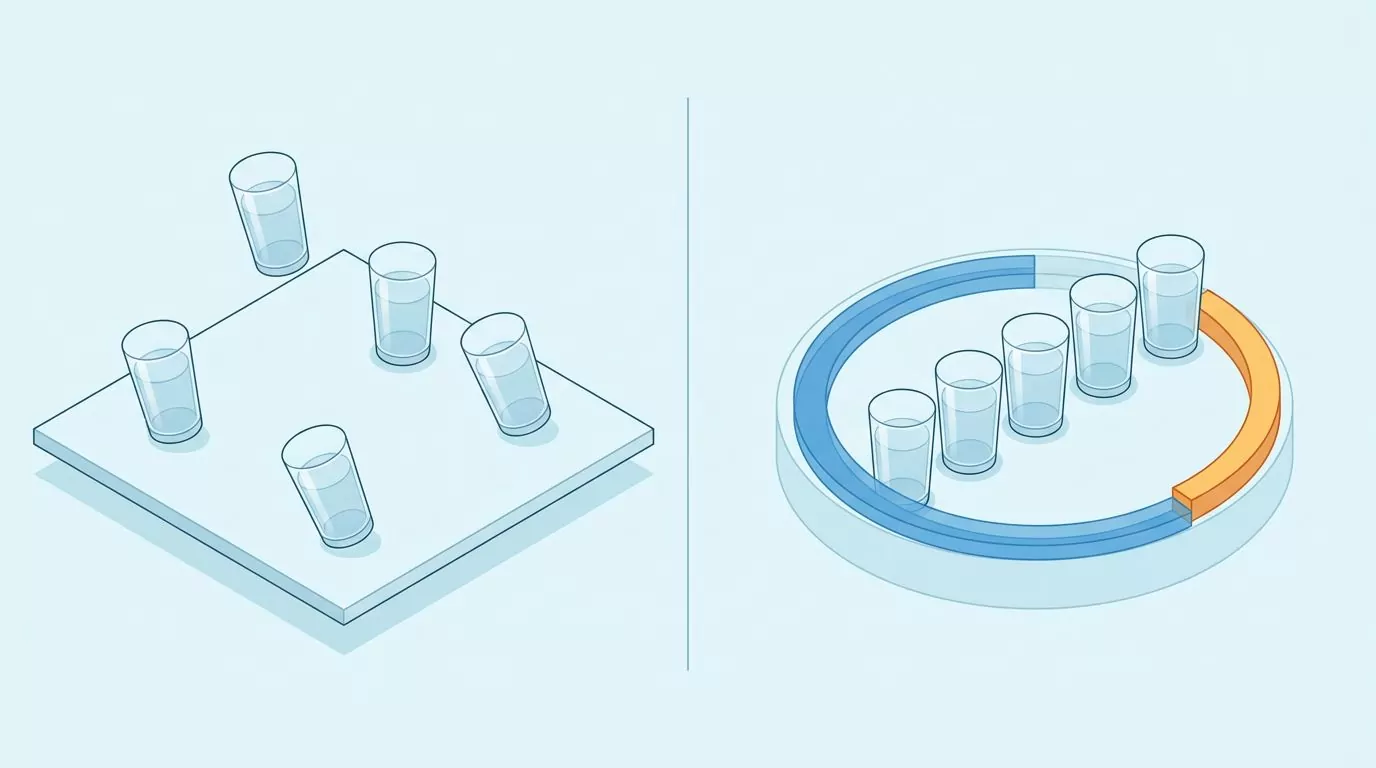 Scattered glasses with no target beside the same glasses arranged inside a daily hydration progress ring