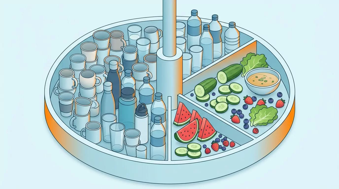 Daily fluid split between drinks and water rich foods like melon and soup