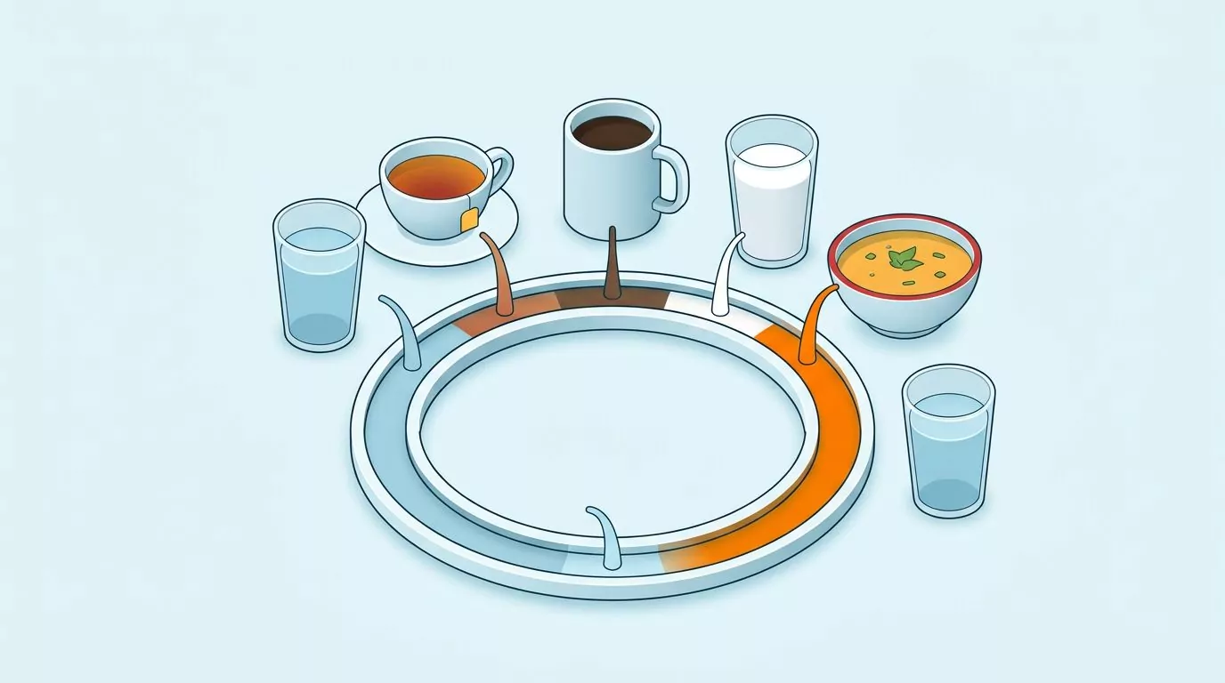 Tea, coffee, milk, soup and water all pouring into one daily goal ring, with one extra glass of water beside it