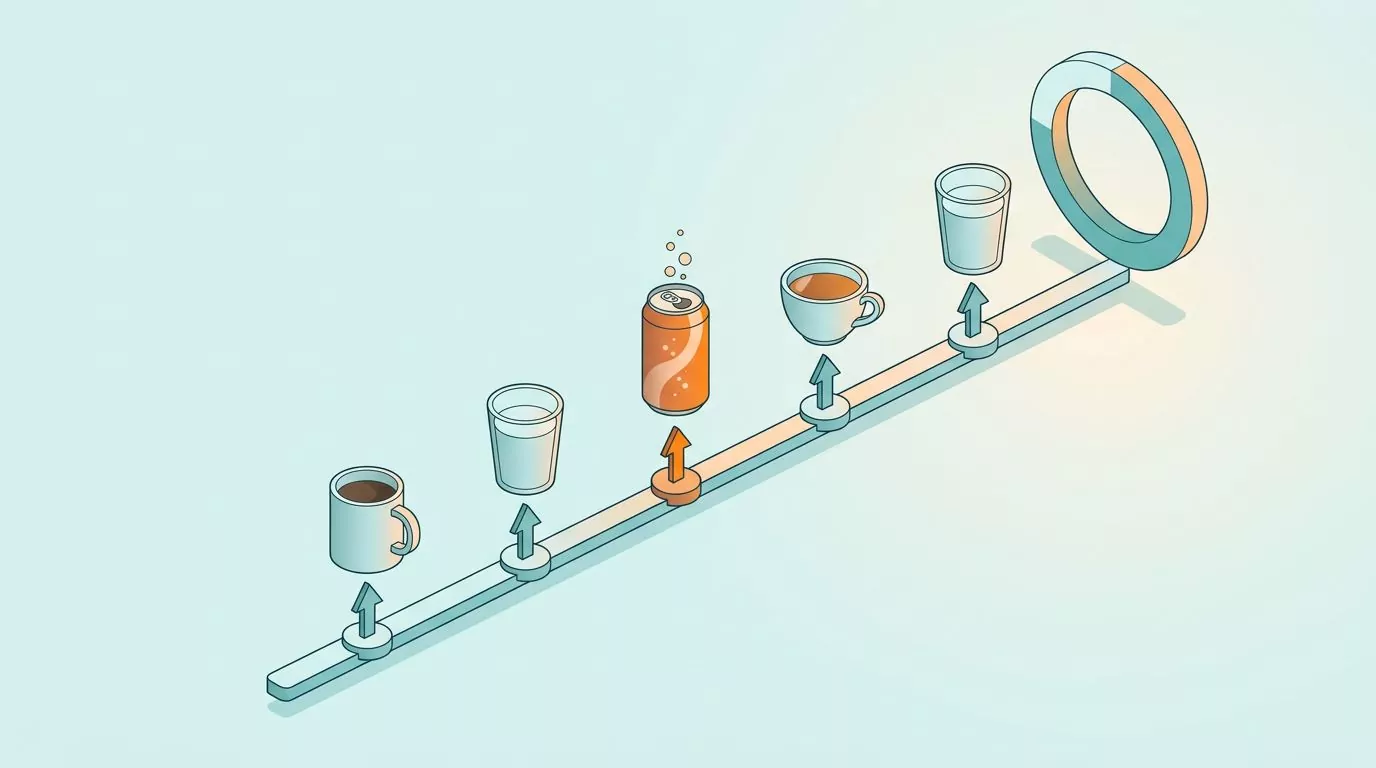 A day timeline where a logged sparkling drink contributes to the daily hydration total alongside water and tea
