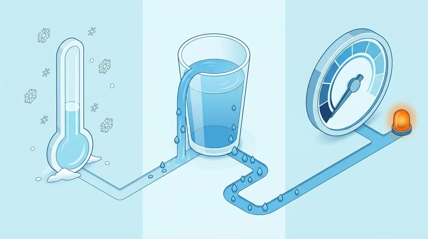 A thermometer drops and a glass drains along a path while the thirst gauge stays low until a late warning light