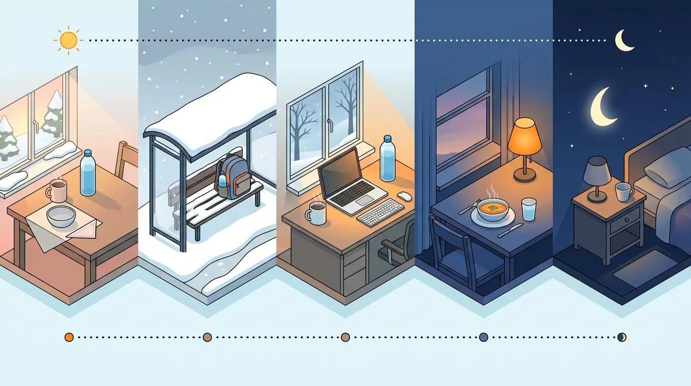 Winter day timeline from a breakfast mug to a snowy bus stop, a desk bottle, dinner soup and an early last drink