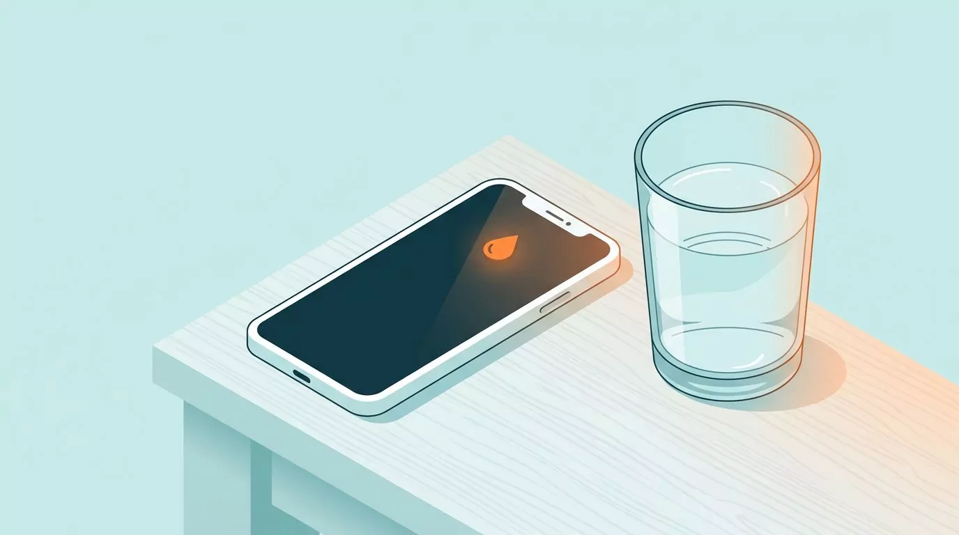 A calm phone with a single water drop alert next to a glass of water, the opposite of too many notifications