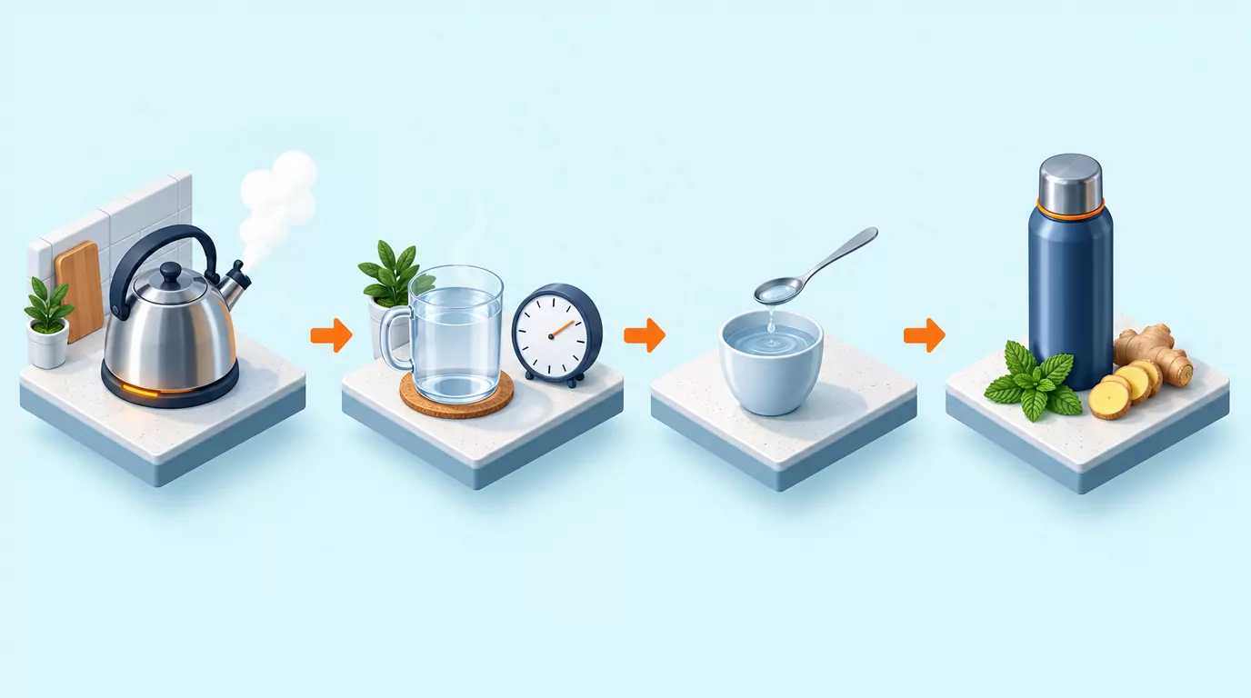 Steps for drinking warm water safely: boiled water, a mug cooling by a clock, a test sip, then a flask with mint and ginger