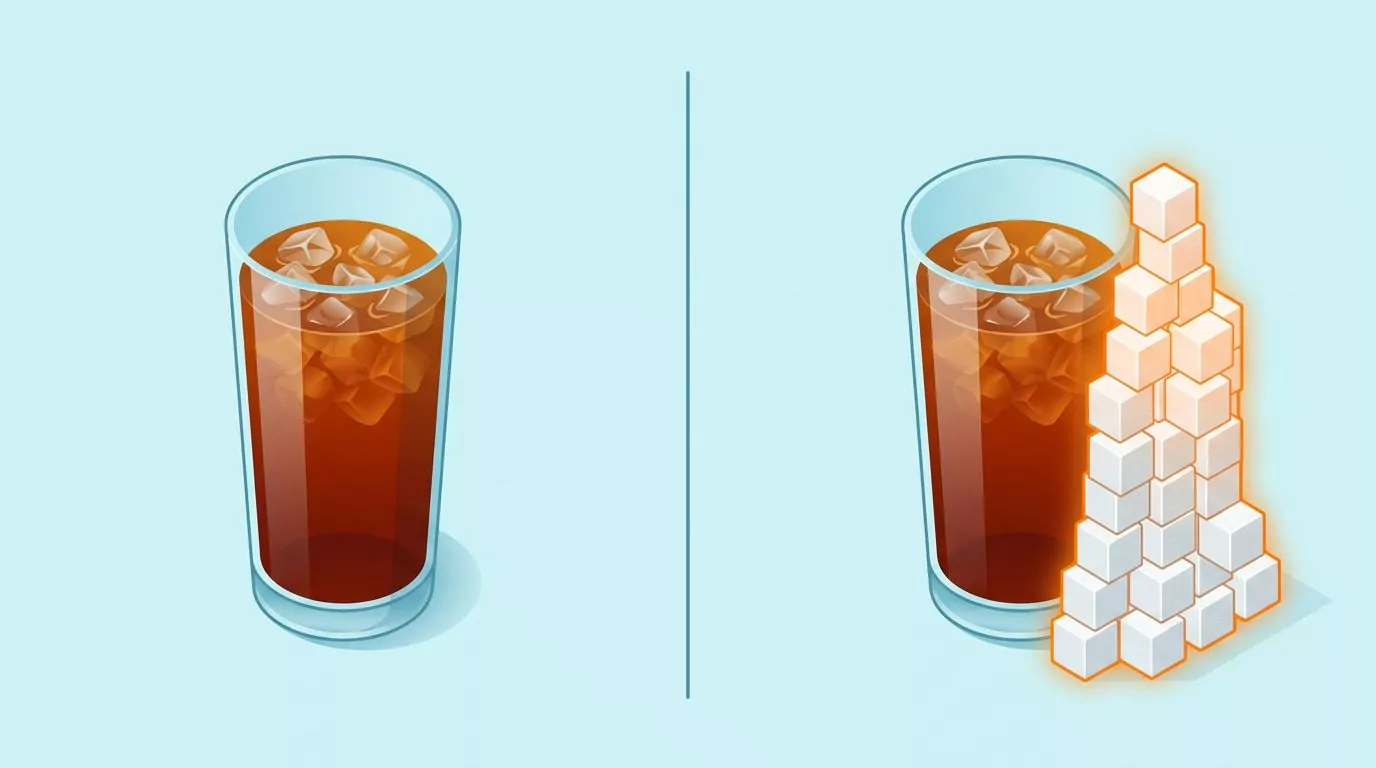 Plain iced tea beside sweet iced tea with a tall stack of sugar cubes showing the added sugar load