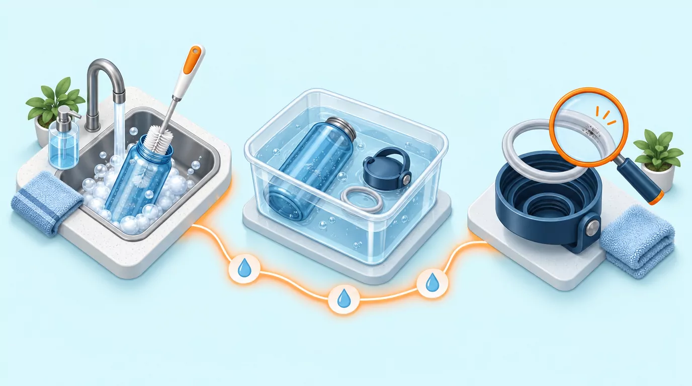 Water bottle cleaning routine in three lanes: daily sink wash, weekly basin soak, mold check on the lid seal