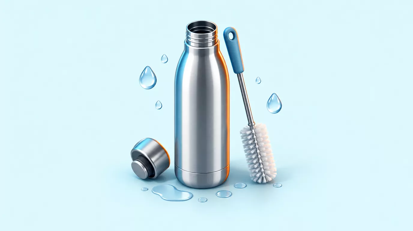 How to clean a water bottle: a steel bottle with its lid off and a bottle brush beside it