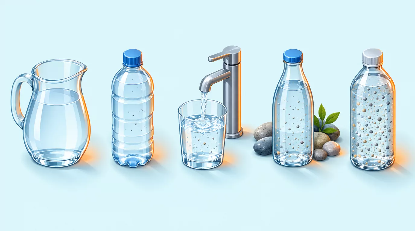 Five types of drinking water in a row, from distilled with no minerals through purified, tap and spring to mineral water