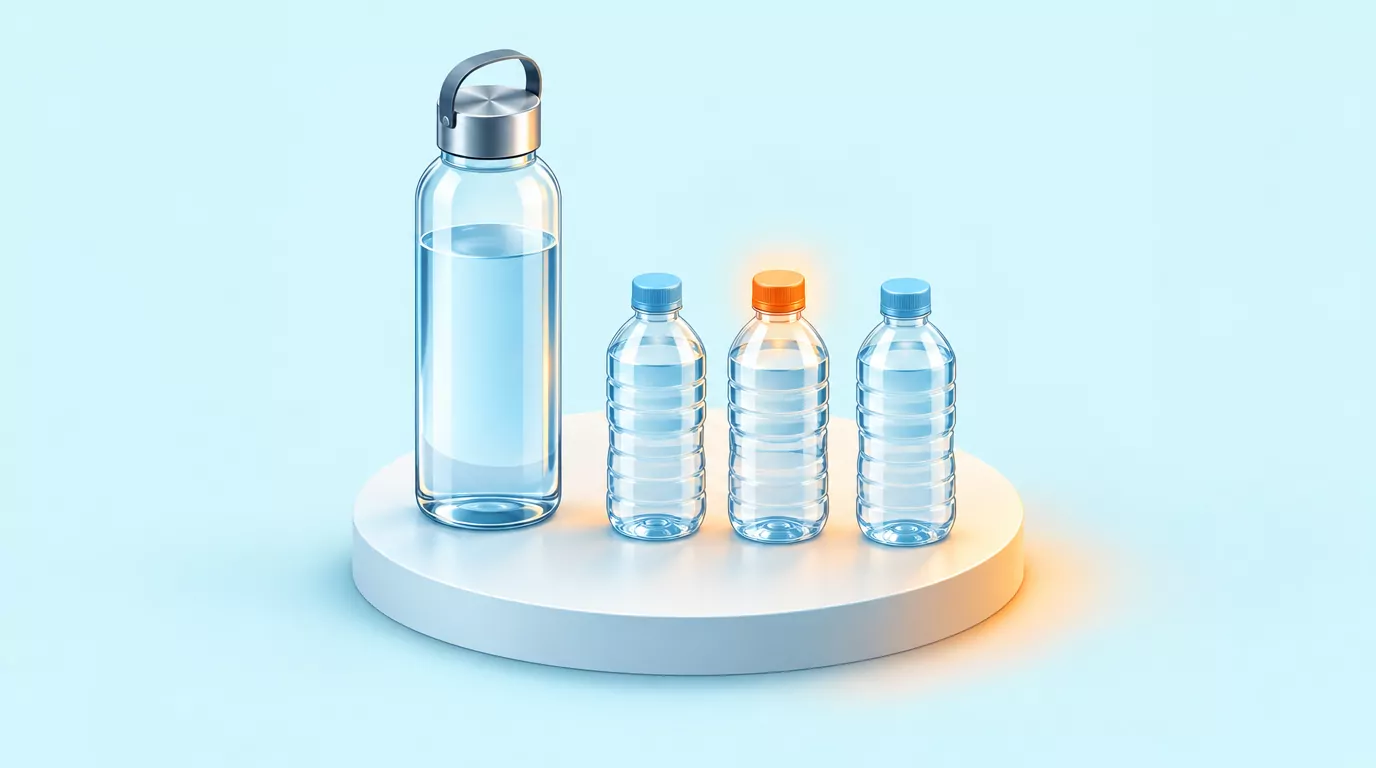 How many water bottles should I drink a day: one reusable bottle beside a row of smaller plastic water bottles