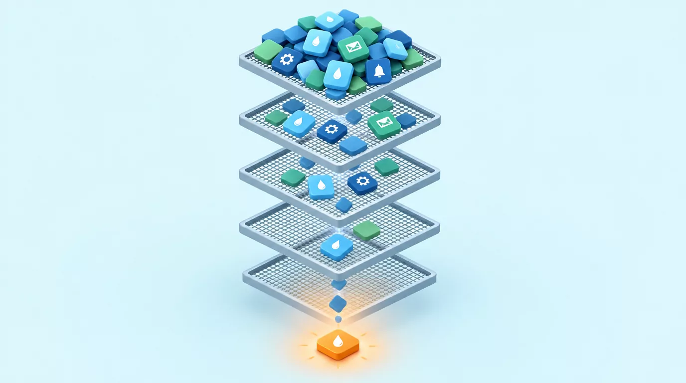 Five mesh filter layers narrow a pile of blue and green app tiles down to one orange single-job tool