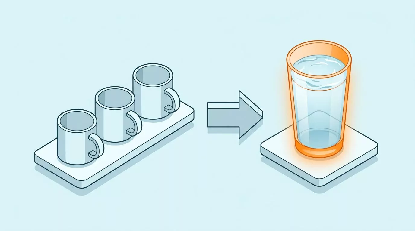 Three small tea mugs equalling one tall glass of water in the tea vs water hydration volume comparison