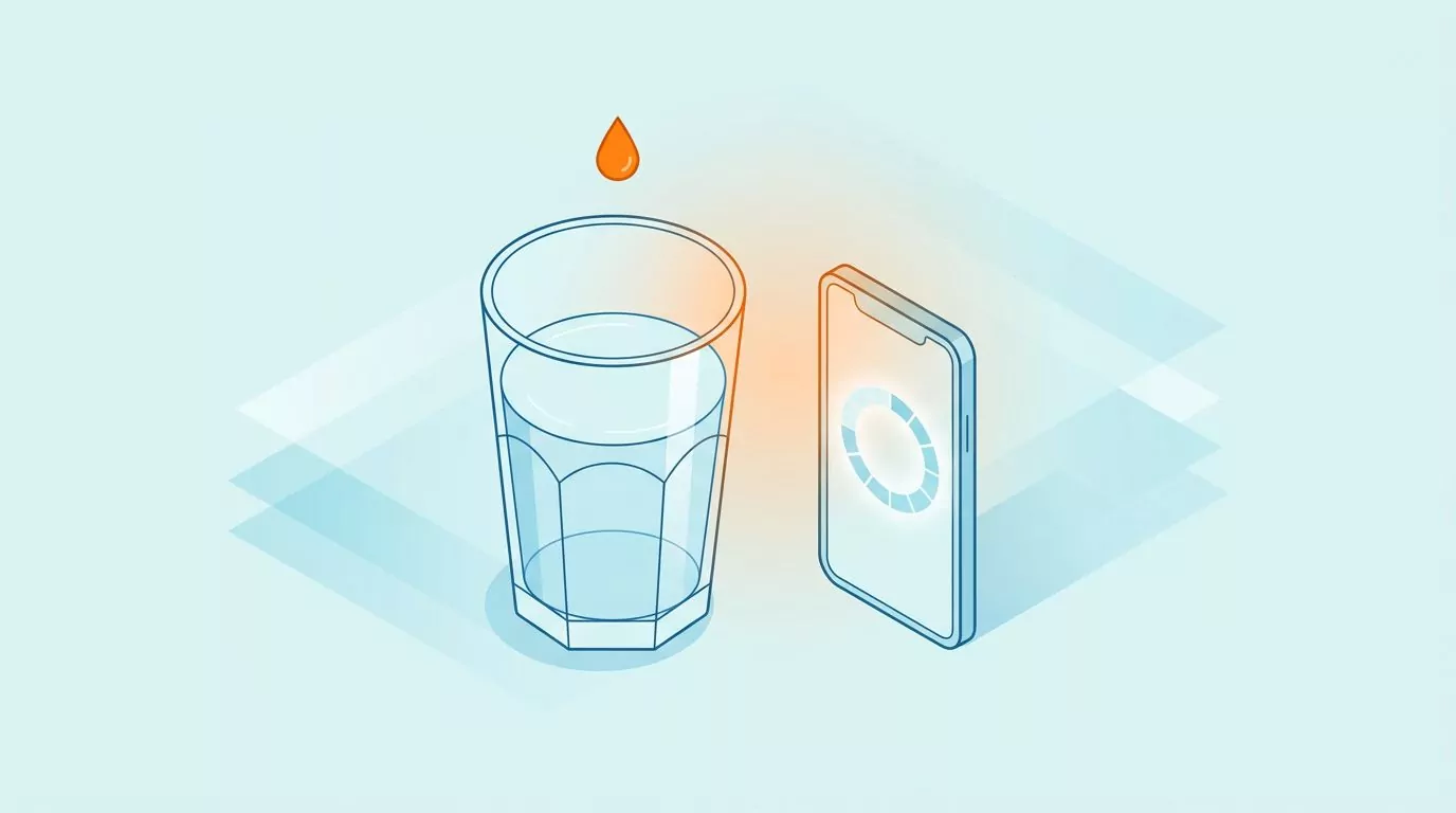 How to track water intake: a glass of water beside a phone with a progress ring two thirds full