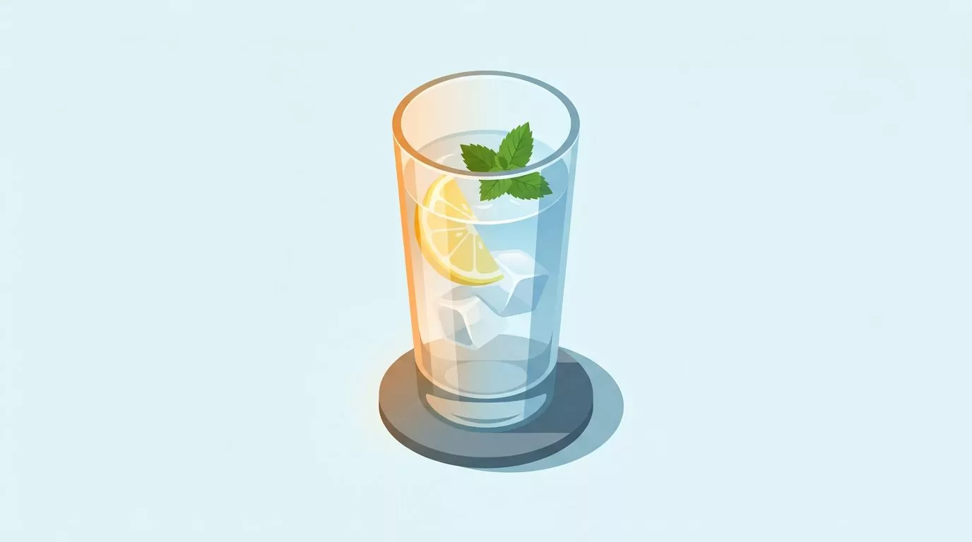 How to make water taste better: a cold glass of water with ice, a lemon slice and a sprig of mint