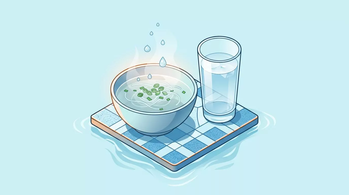 Does soup count as water intake: a steaming bowl of clear broth beside a tall glass of water