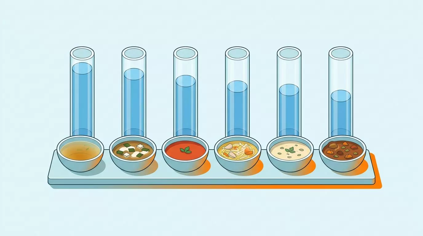 Six soup bowls from clear broth to chunky stew, each water column a little lower, showing the water content of soup