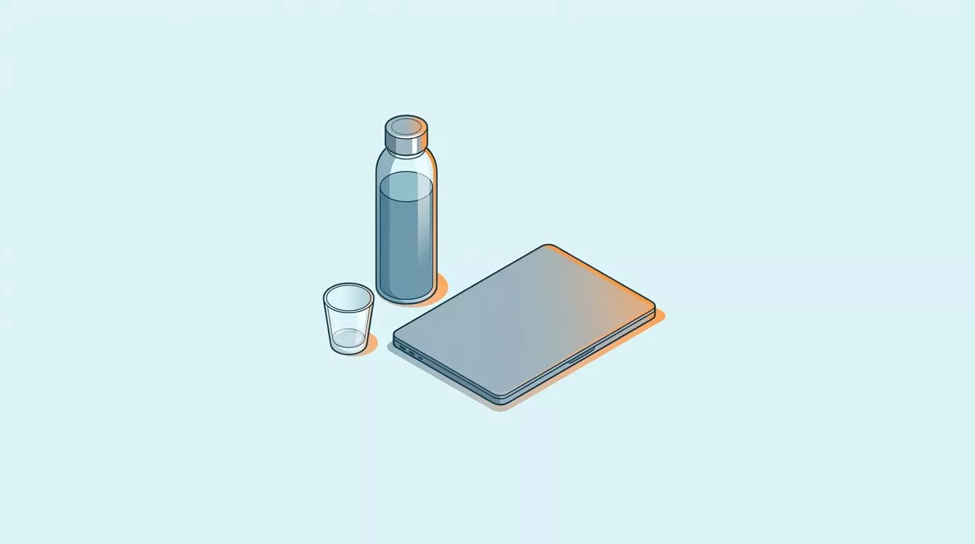 How to remember to drink water at a desk: bottle and glass beside a closed laptop