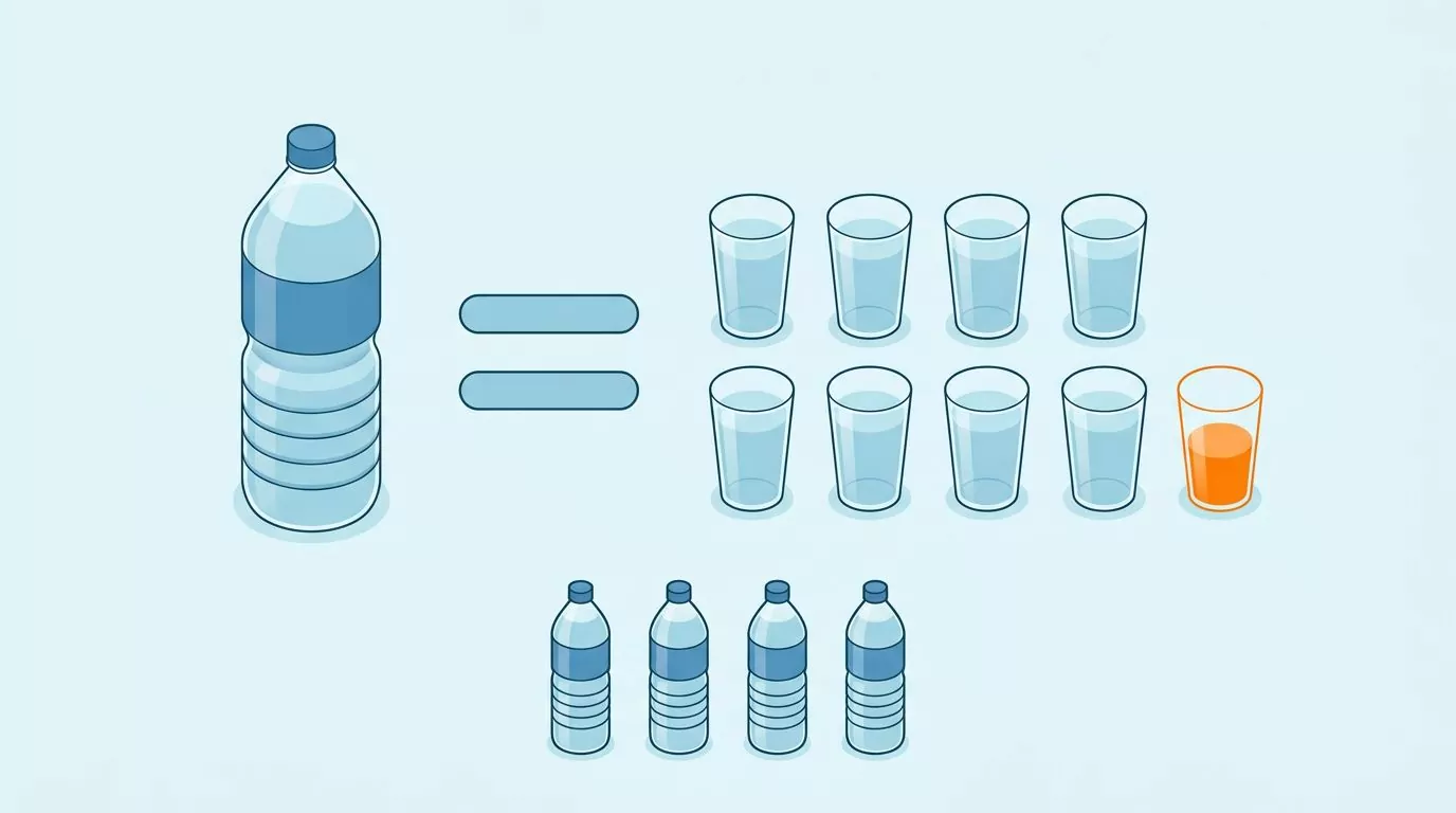 One 2 liter bottle equal to eight and a half 8 oz glasses of water, or four 500 ml bottles in a row below