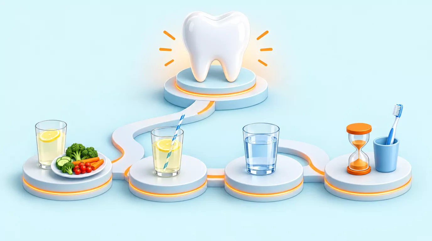 Four tooth-friendly lemon water habits in order: with a meal, through a straw, rinse with plain water, wait before brushing