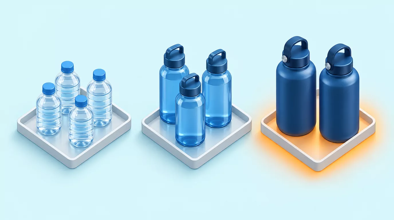 How many water bottles a day by size: four 500 ml, three 24 oz or two 32 oz bottles reach the same total