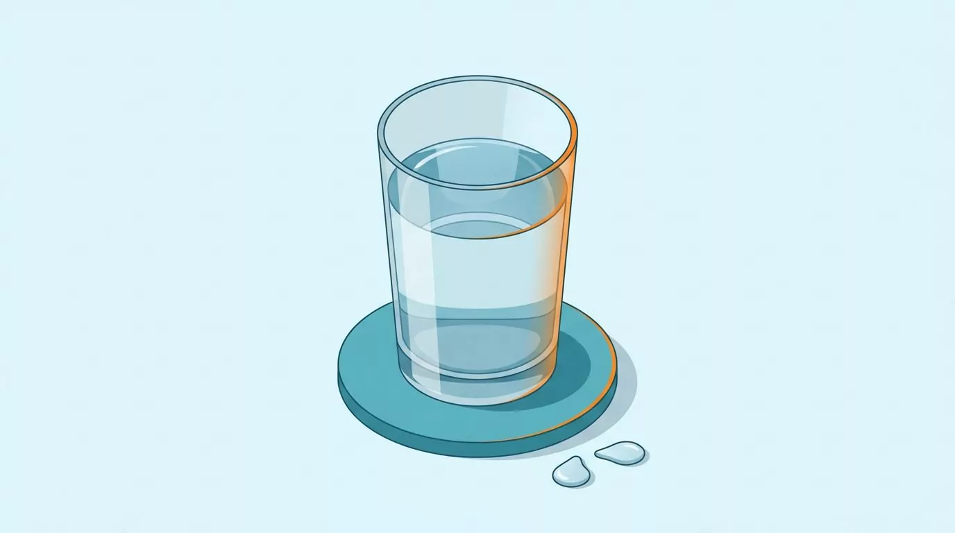 How many oz in a glass of water: one clear drinking glass of water on a round coaster