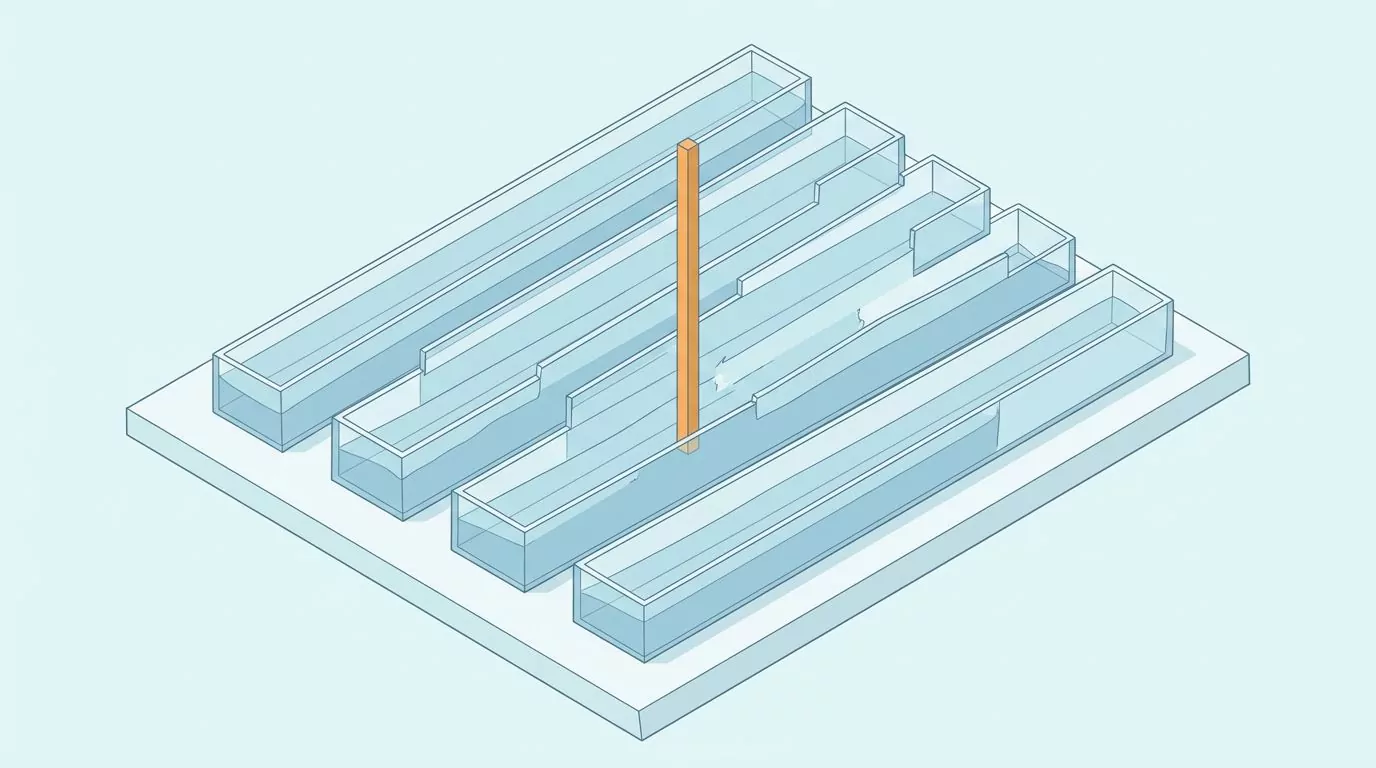 Five water troughs filled to clearly different levels with one fixed orange marker lining up with none