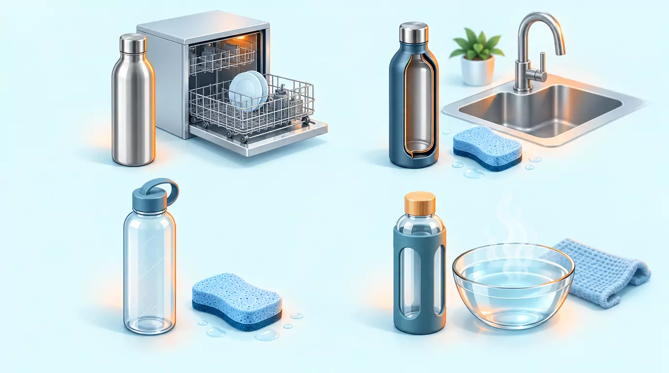 How to clean a stainless steel water bottle compared with insulated, plastic and glass bottles in four groups