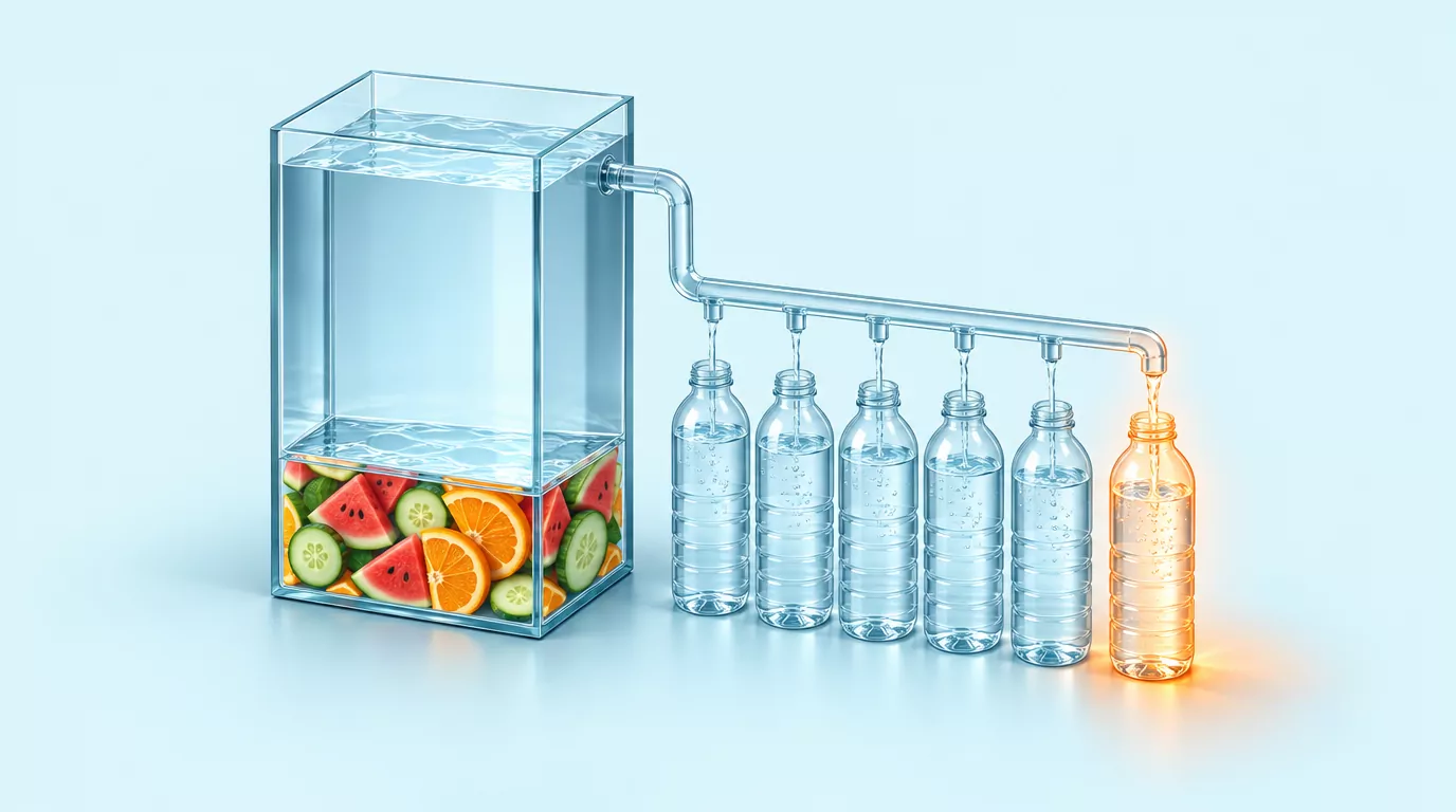 Diagram of total daily water split into about 20 percent from food and 80 percent from drinks, filling six water bottles