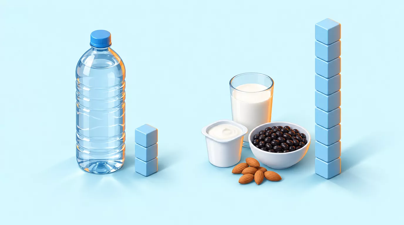 Distilled water vs tap water minerals: a small stack beside a litre of tap water, a far taller one beside everyday foods