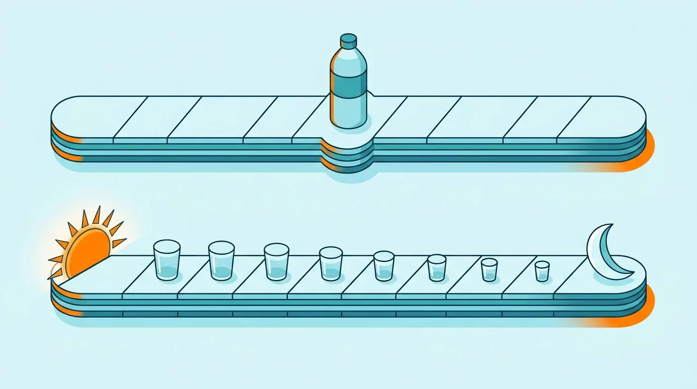 Two day timelines compared: one big bottle at once versus small glasses spread from morning and shrinking toward night