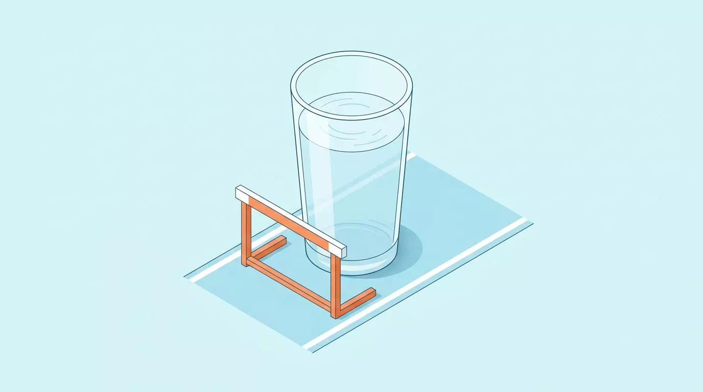 Tips to drink more water: a single glass of water standing just past a low orange hurdle