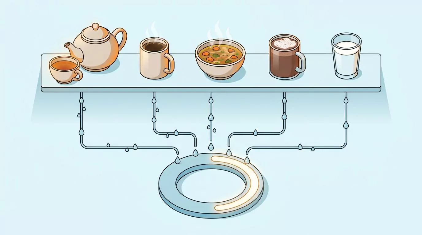 Tea, coffee, soup, hot chocolate and warm milk each feed droplets into one shared daily winter hydration ring