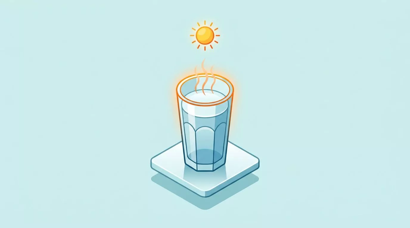 A cool glass of water sitting under a bright sun, the basic picture of hot weather hydration