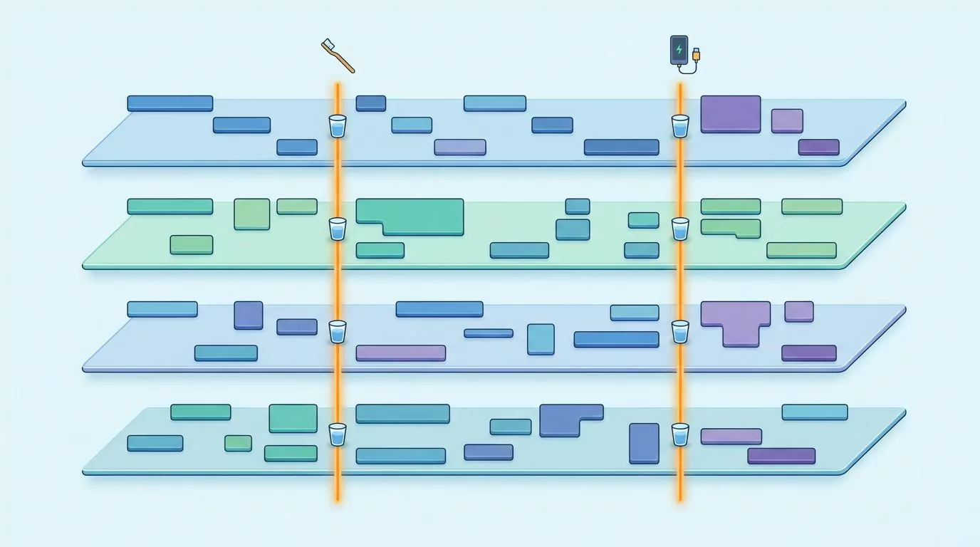 Four chaotic days drawn as lanes of scattered blocks, crossed by two anchor lines for brushing teeth and phone charging