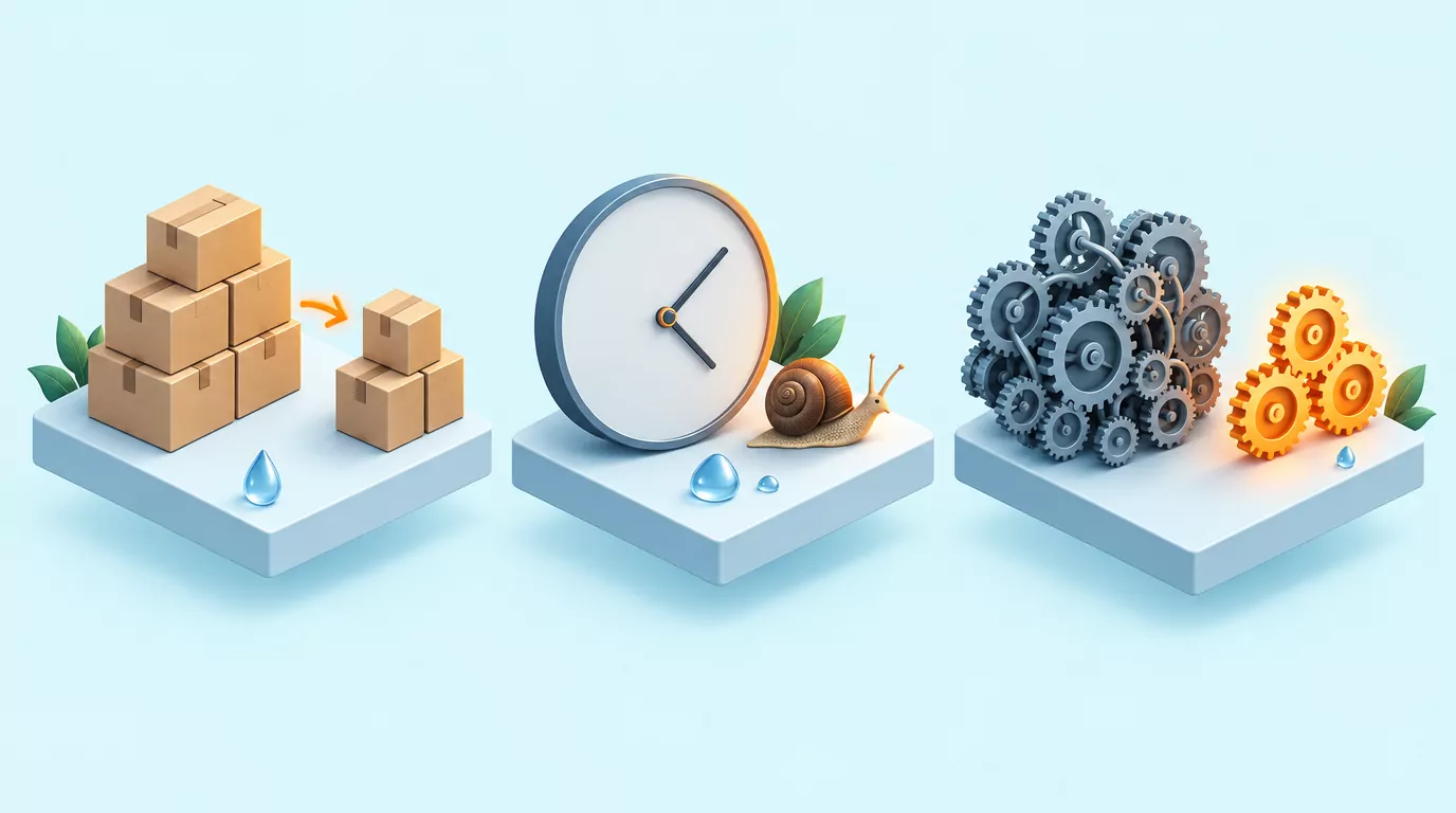 Simple living vs minimalism vs slow living: fewer boxes, a clock beside a snail, and a tangle of gears cut to three