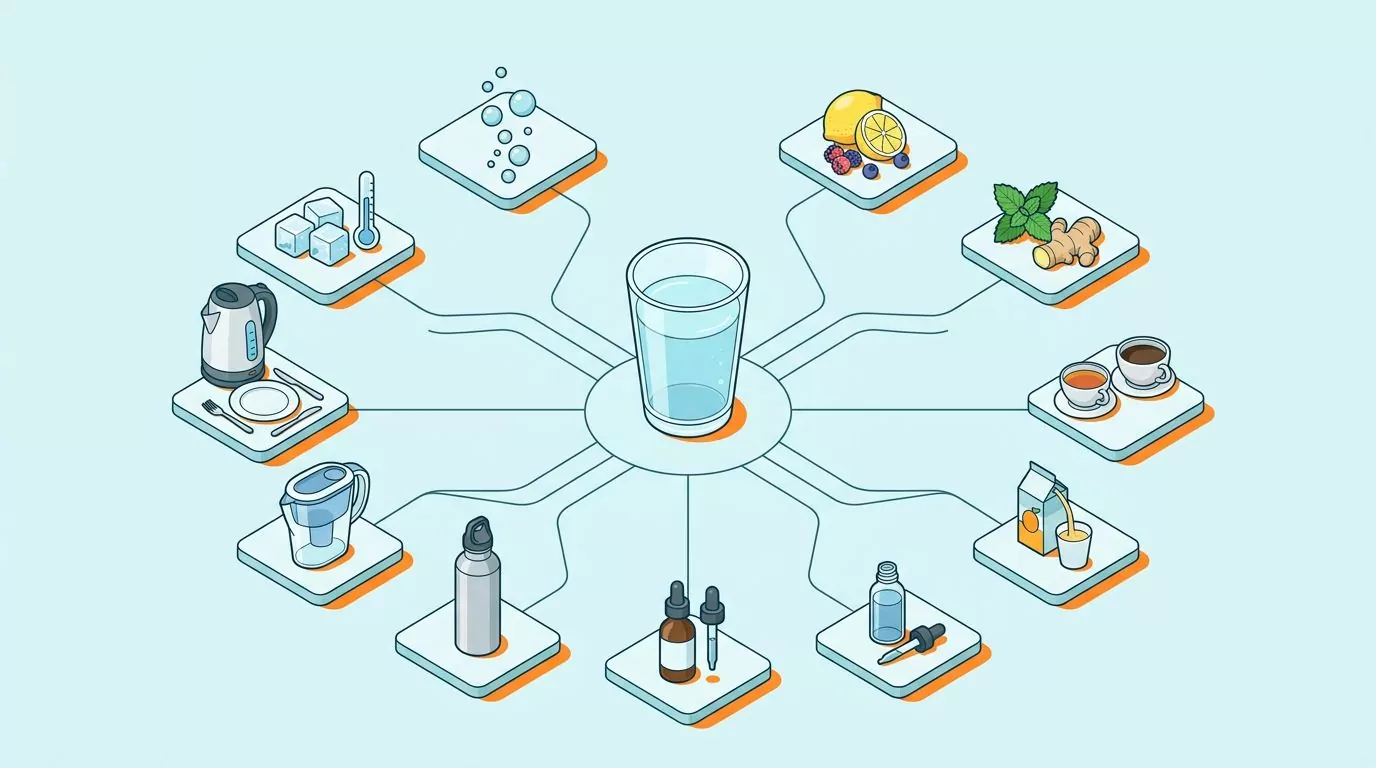 Hub diagram linking one glass of water to ten ways to make water taste better, from ice and bubbles to tea and a filter