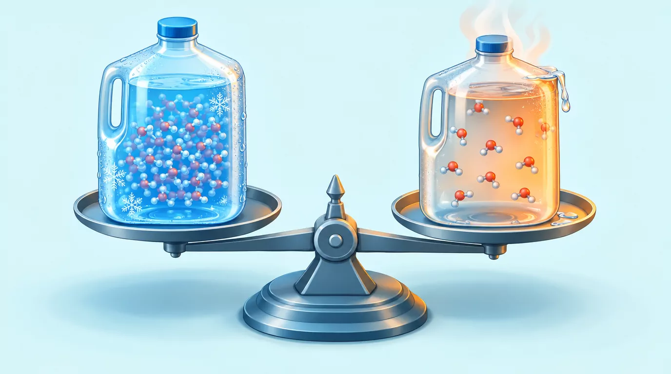 Cold and hot gallon jugs on a nearly level balance, the hot water molecules spread out so less water fits