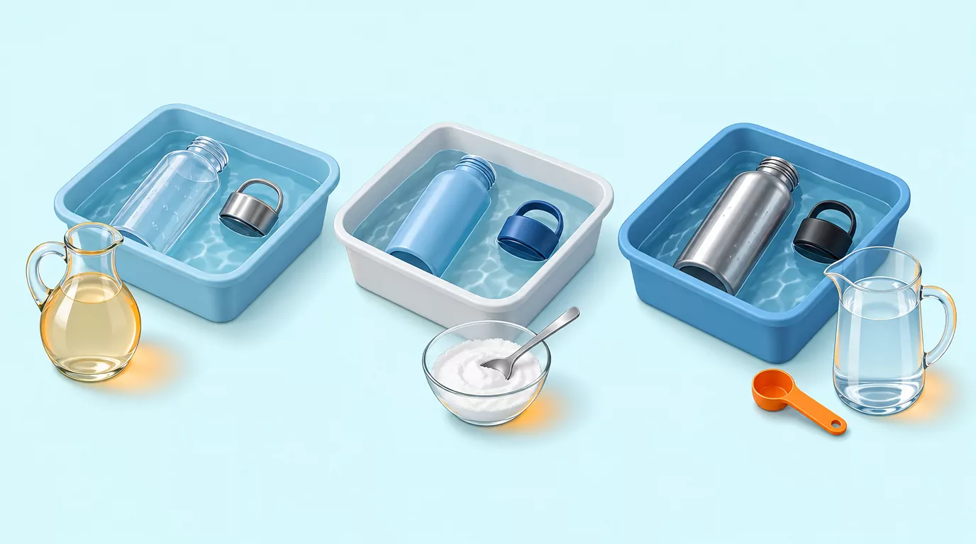 Three separate soak basins for cleaning a water bottle with vinegar, baking soda or dilute bleach, never mixed