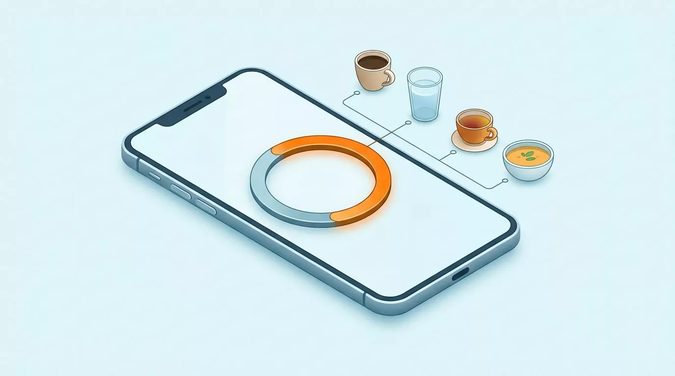 A phone showing a daily hydration ring with coffee, water, tea and soup all feeding into the same total
